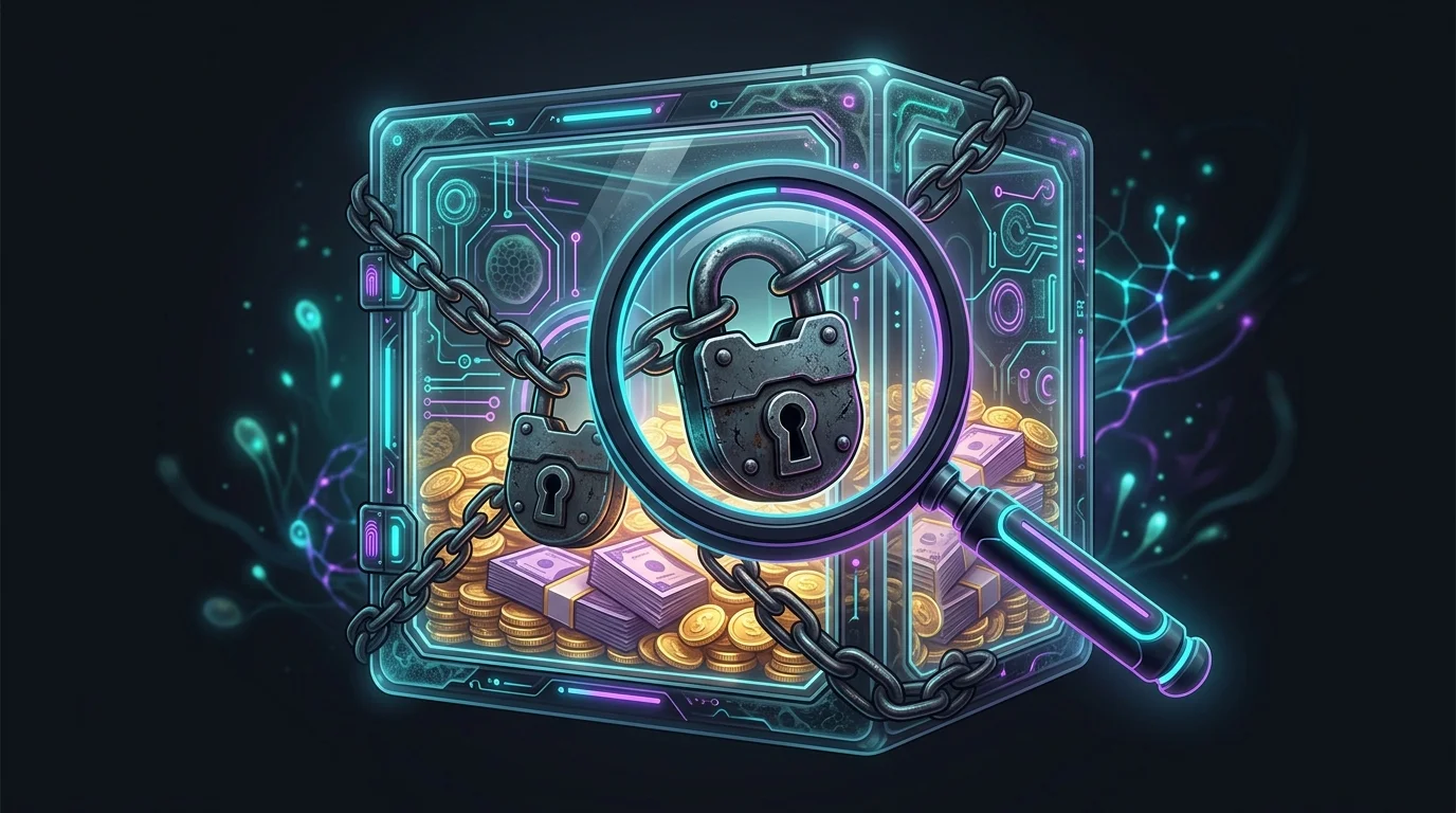 Magnifying glass over a padlock on a vault of cash, illustrating how to evaluate hedge fund fees and lock-up periods.