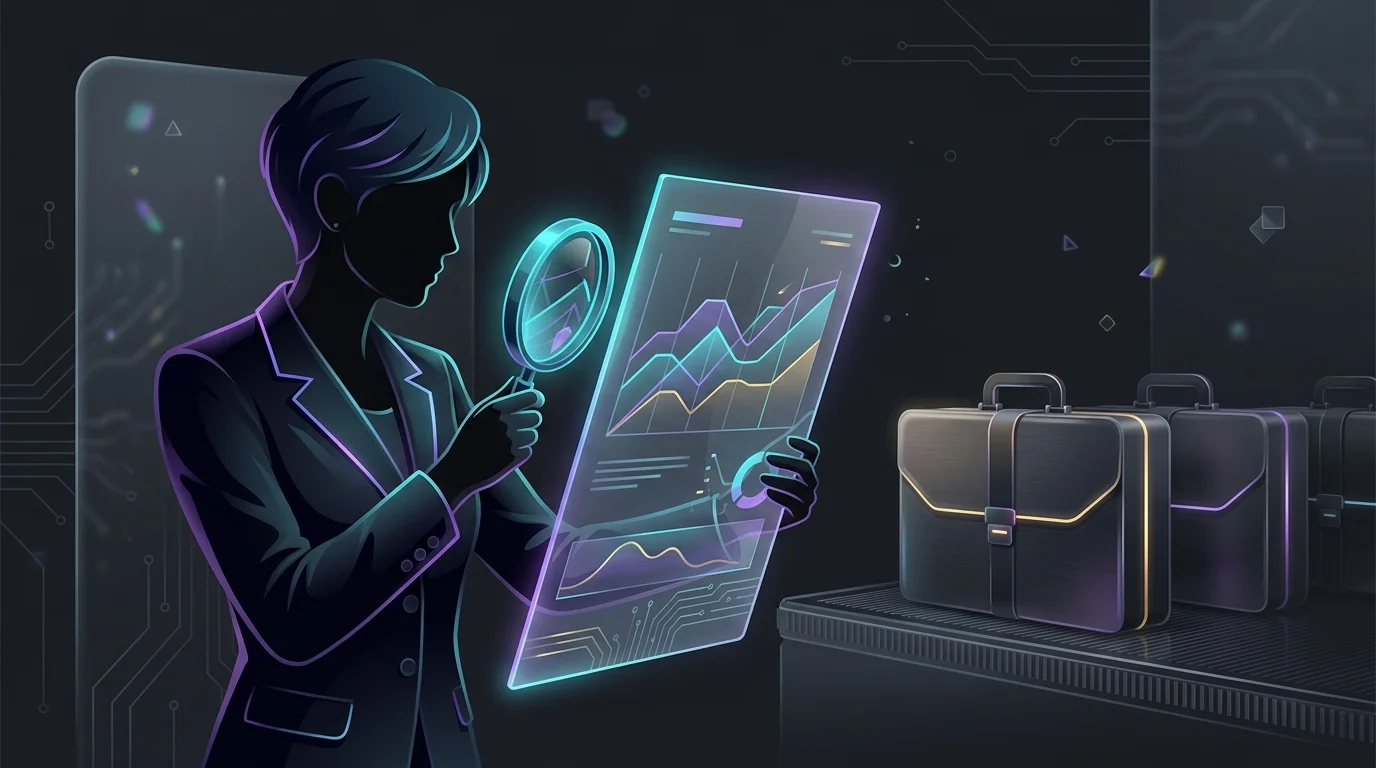 Investor using a magnifying glass to analyze a hedge fund performance chart and manager background document.