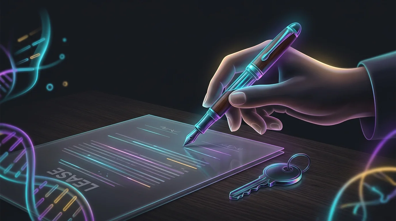 Hand placing a fountain pen on a rental lease agreement next to a house key for property management.