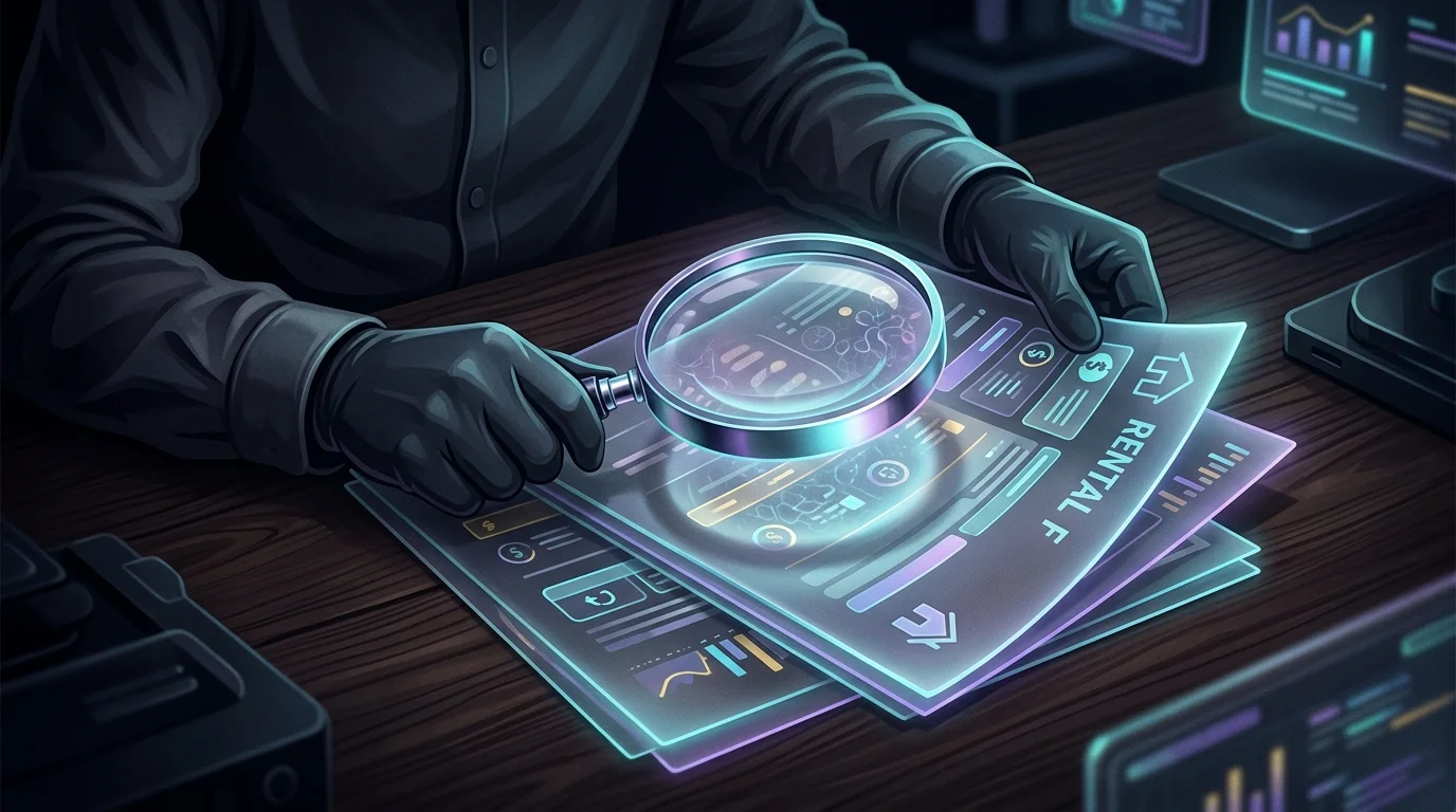 Landlord using a magnifying glass to review rental applications and tenant screening documents on a wooden desk.