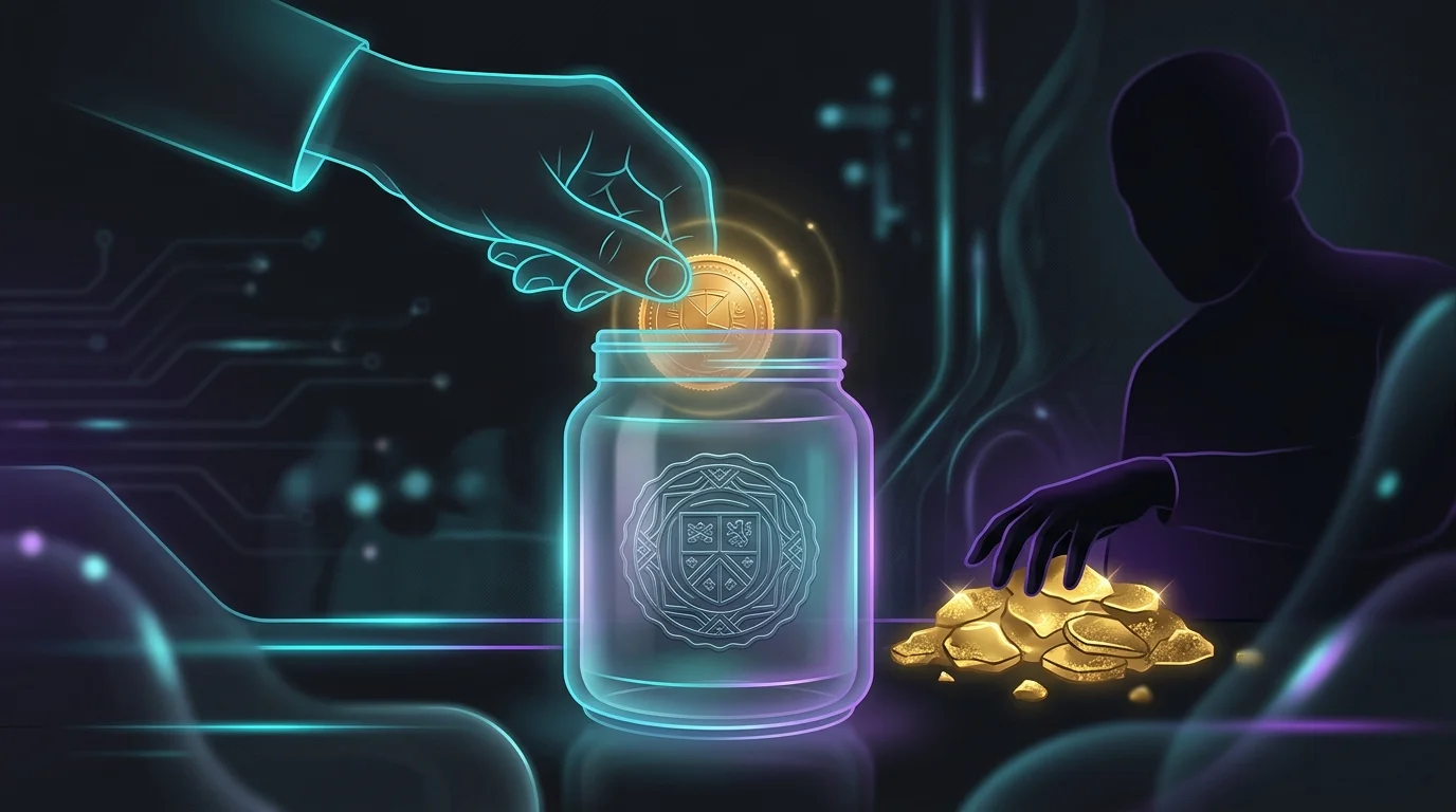 Hand placing a gold coin into a regulated jar to represent secure forex trading against fraudulent brokers.