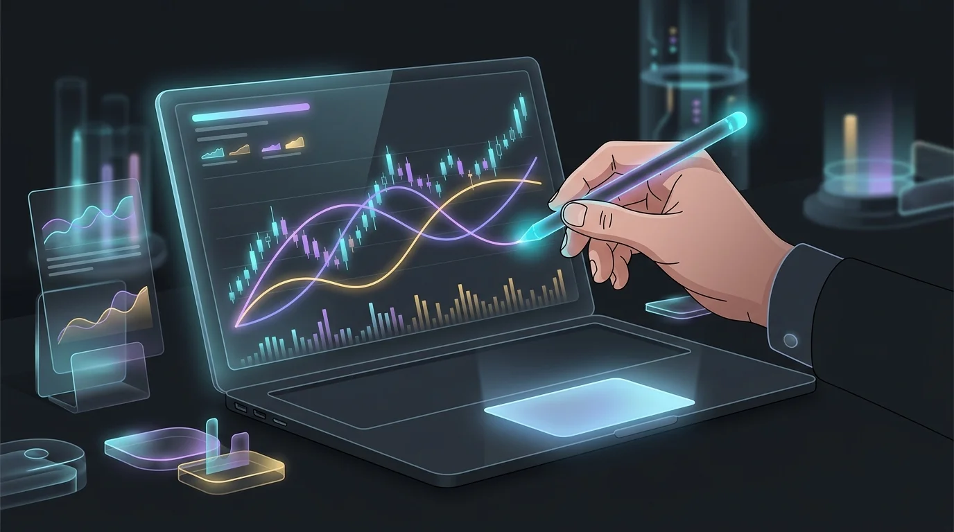 Trader using a digital pen to map a moving-average crossover on a laptop for forex trading practice.