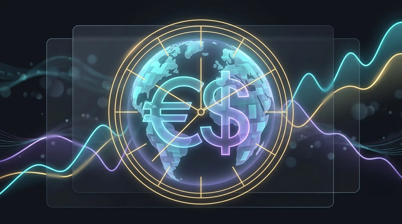 Digital globe with EUR/USD symbols and price charts to help you learn forex trading basics.