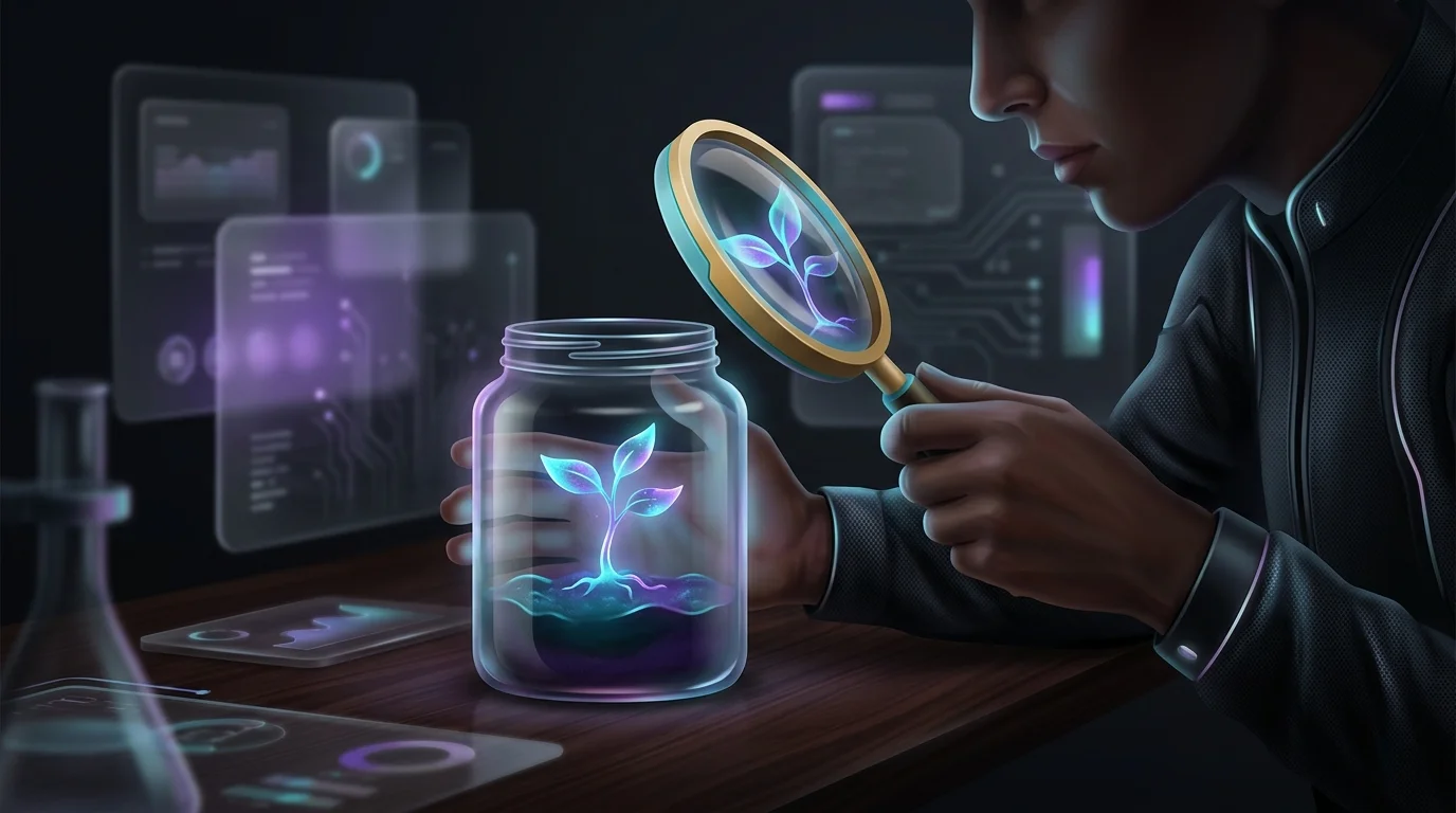 Magnifying glass inspecting a glowing seedling, symbolizing careful due diligence when investing in startups.