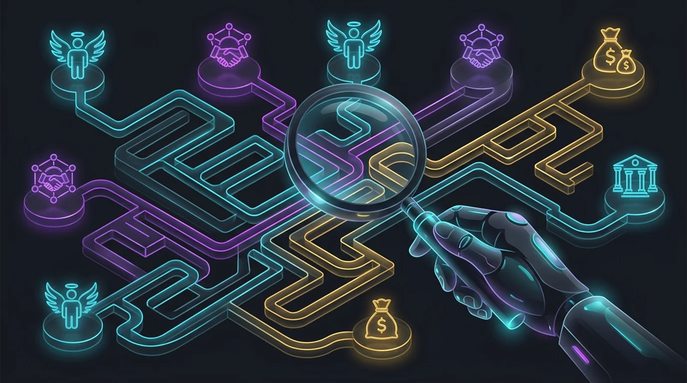 Magnifying glass over a maze showing different paths for startup investing and angel funding routes.