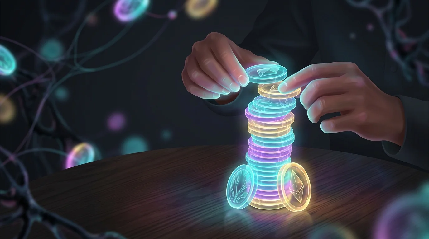 Person stacking colored coins into a tall tower to represent building a diverse retirement account portfolio.