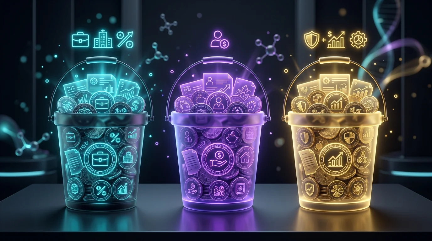 Three labeled buckets filled with coins and documents representing employer, individual, and hybrid retirement accounts.