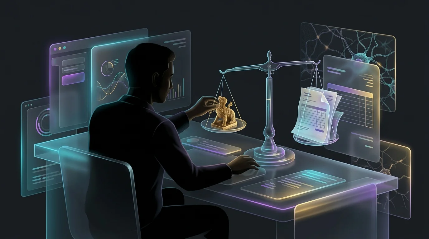 Investor weighing a gold sculpture against financial documents to define art investment goals.