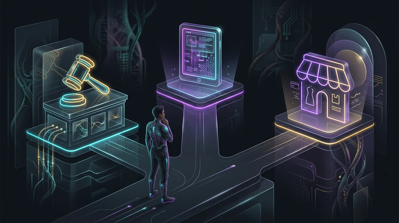 Person choosing between auction gavel, digital art platform, and dealer storefront to invest in art.