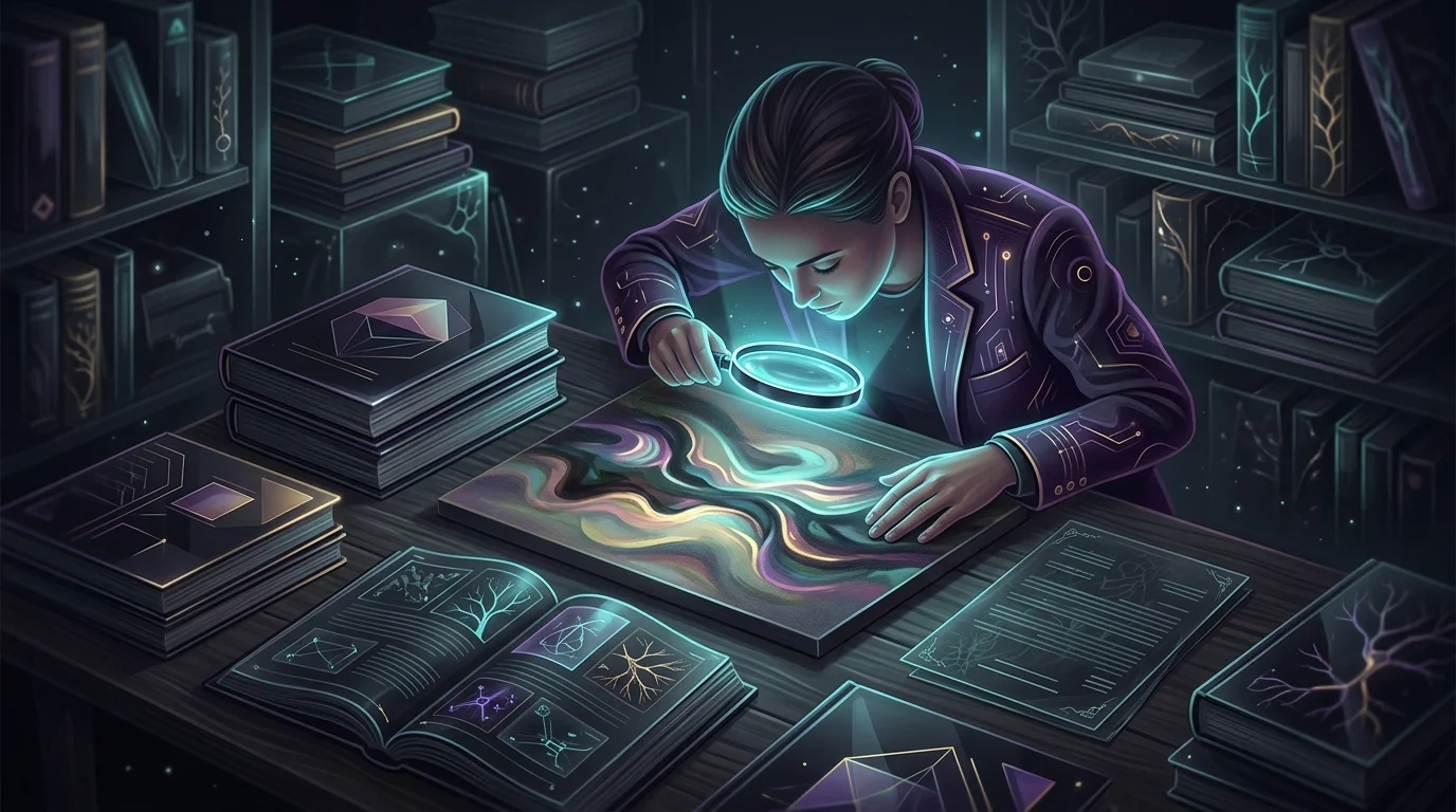 Collector researching art provenance and auction trends using catalogs and a magnifying glass for investment insights.