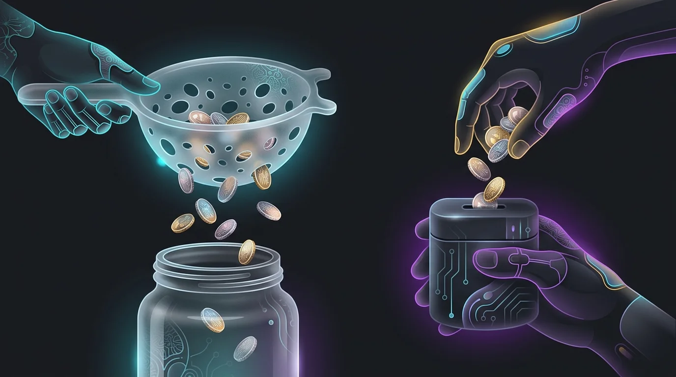 Hands pouring coins into a solid jar versus a leaky sieve to illustrate minimizing taxes in a portfolio.