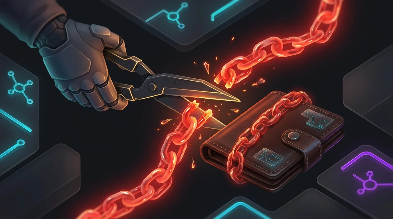 Person using heavy shears to cut a glowing chain off a leather wallet to manage debt and improve credit score.