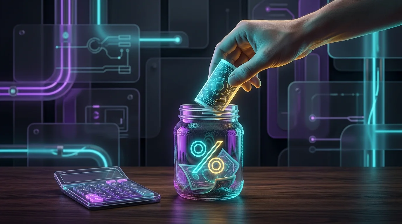 Hand placing cash into a jar labeled with a percentage sign and a calculator to help manage windfall tax implications.