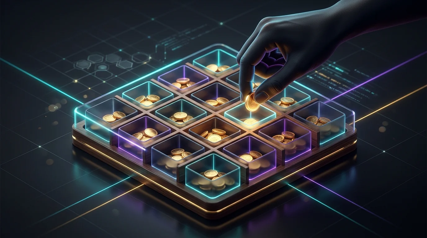 Hand placing gold coins into twenty wooden compartments to represent a diversified peer-to-peer loan portfolio.