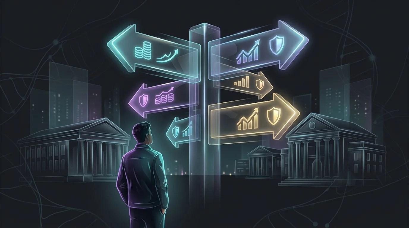 Person choosing between various peer-to-peer lending platforms with different interest rates and safety features.