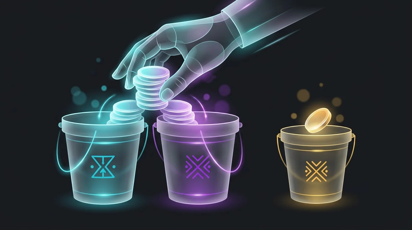 Hand placing coins into buckets labeled A and B to illustrate a balanced peer-to-peer lending strategy.