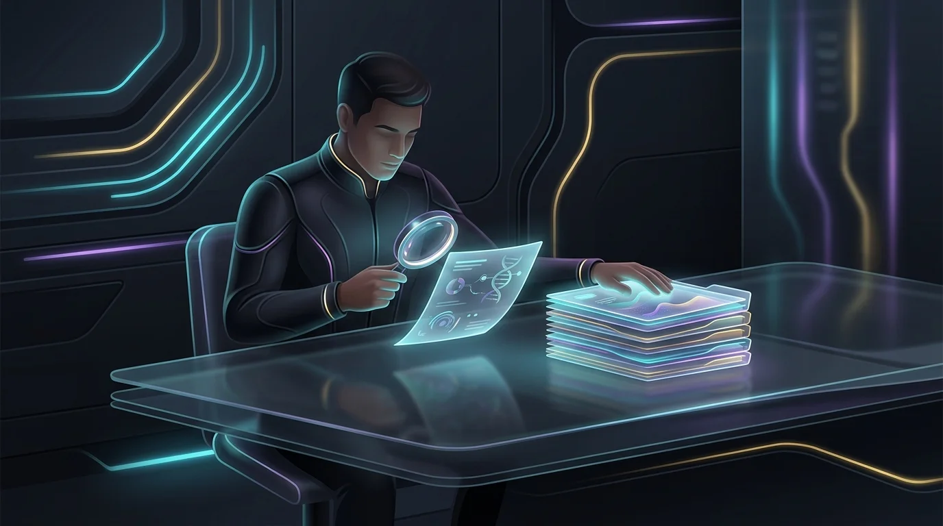 Investor using a magnifying glass to review startup folders for angel investing due diligence.