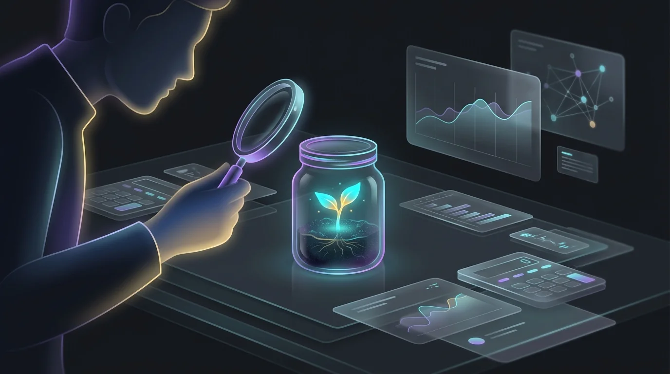 Magnifying glass examining a glowing seedling among financial charts to illustrate startup valuation methods.