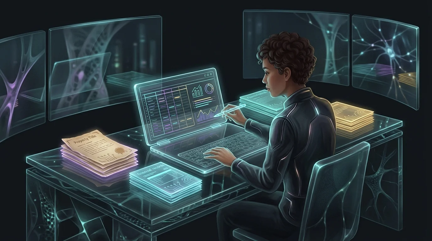 Person organizing financial documents and property titles on a laptop to assess net worth for a financial legacy.