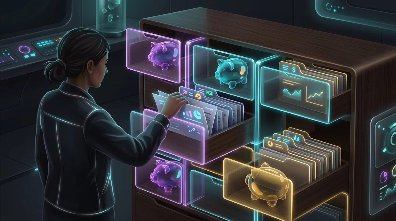 Person organizing financial documents and piggy banks into categorized slots to build a secure financial legacy.