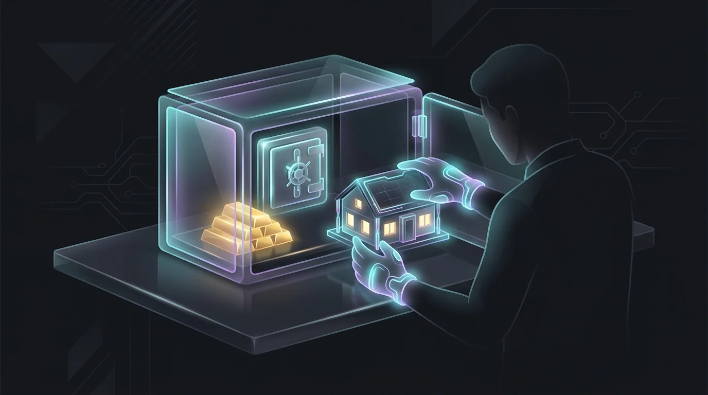 Person organizing a house, bank vault, and gold bars into a glass display case to secure their financial legacy.
