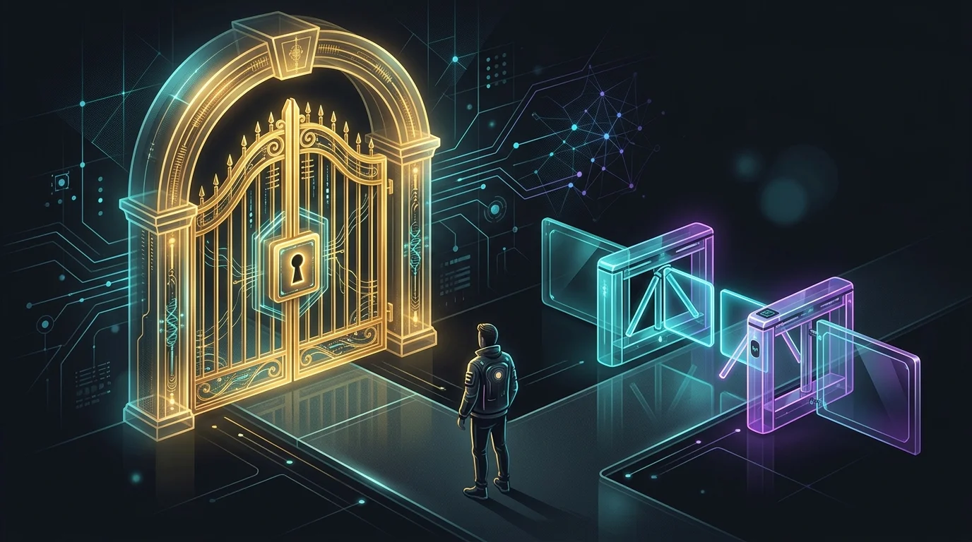 Person choosing between a gated path and a turnstile to represent accredited investor eligibility for venture capital.