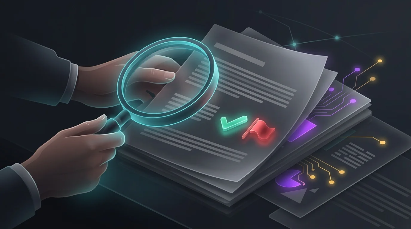 Investor using a magnifying glass to perform due diligence on startup documents for venture capital investment.