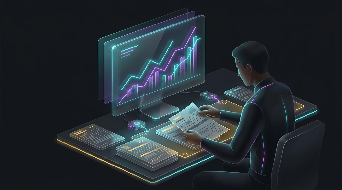 Investor organizing tax forms and investment growth charts to manage venture capital reporting requirements.