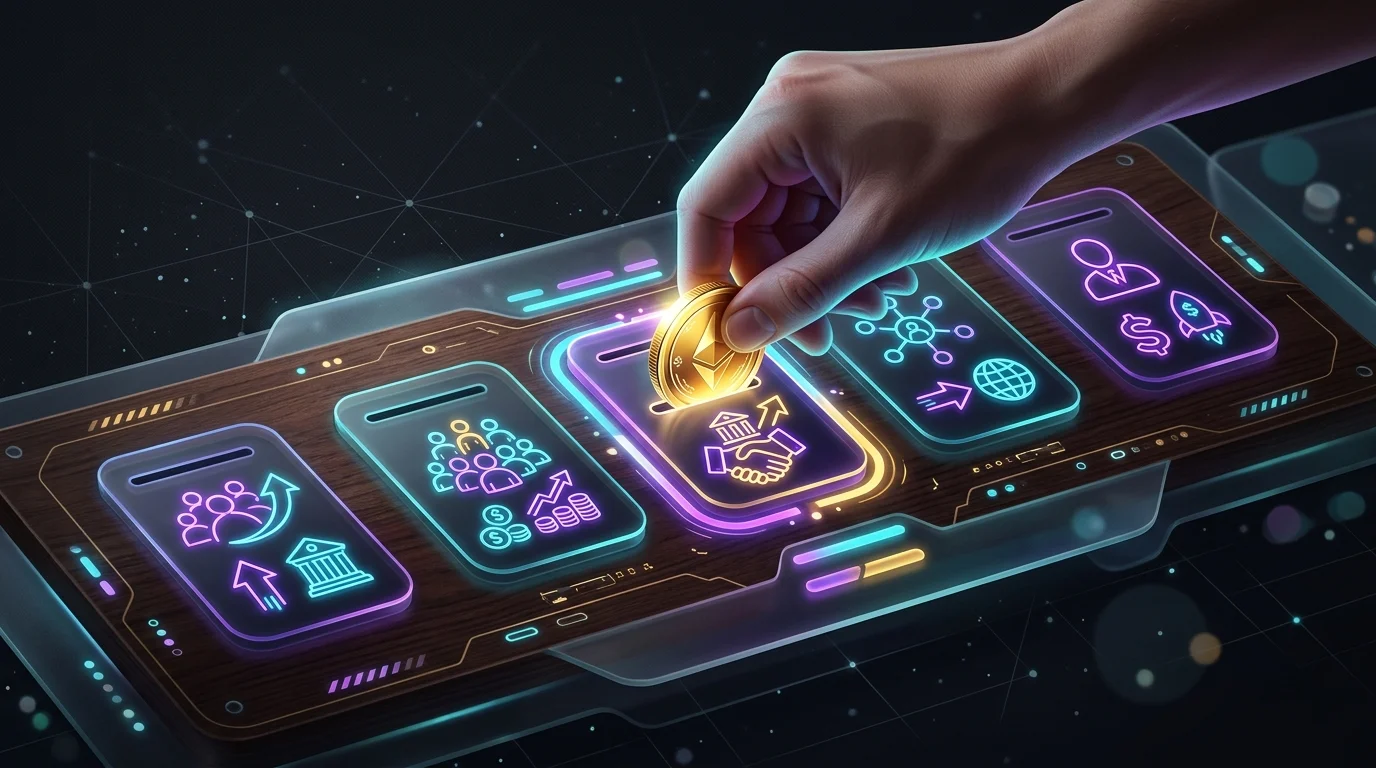 Hand placing a gold coin into a venture capital fund slot on a wooden investment board.