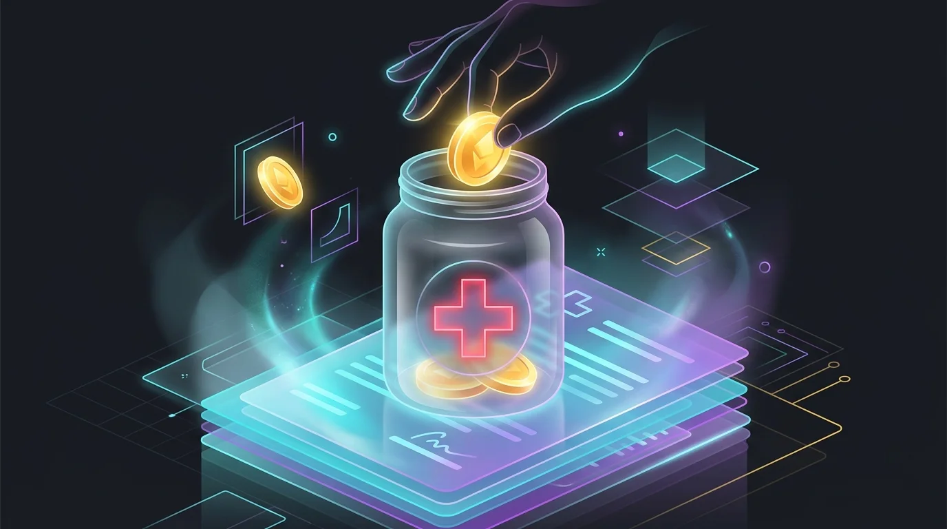 Person placing gold coins into a medical jar on insurance documents to prepare for financial emergency health costs.