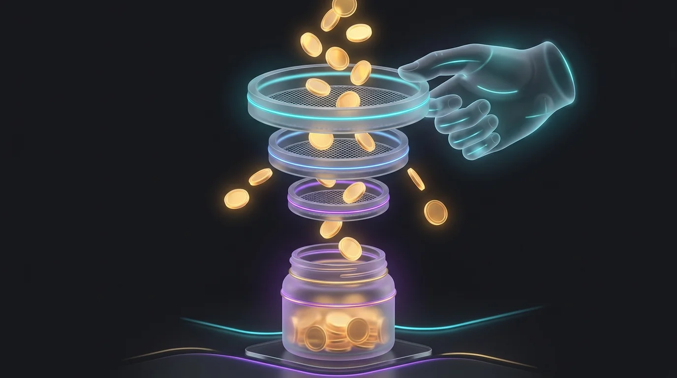 Three-tiered funnel filtering gold coins into a jar to represent a safe dividend portfolio screening process.