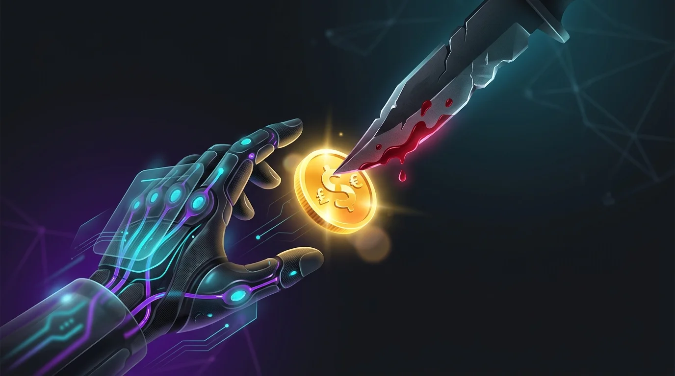 Investor reaching for a gold coin on a falling knife, illustrating the risks of a dividend yield trap.