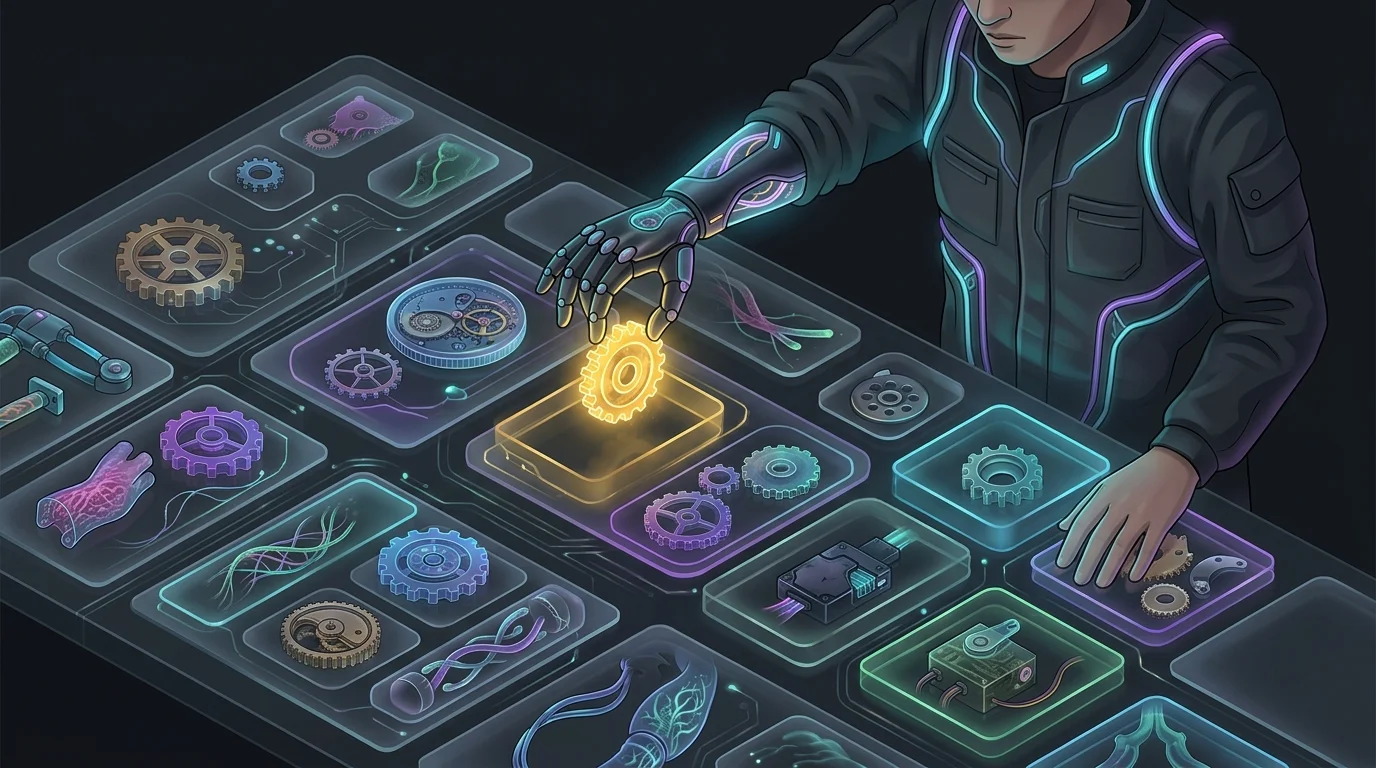 Investor selecting a golden gear from various mechanical parts to represent choosing the right AI investment vehicle.