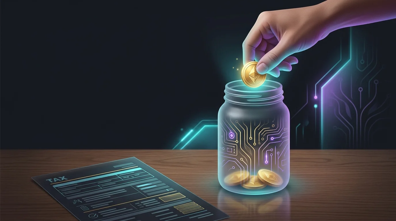 Hand placing a gold coin into an AI-themed jar next to tax forms to illustrate capital gains on AI investments.