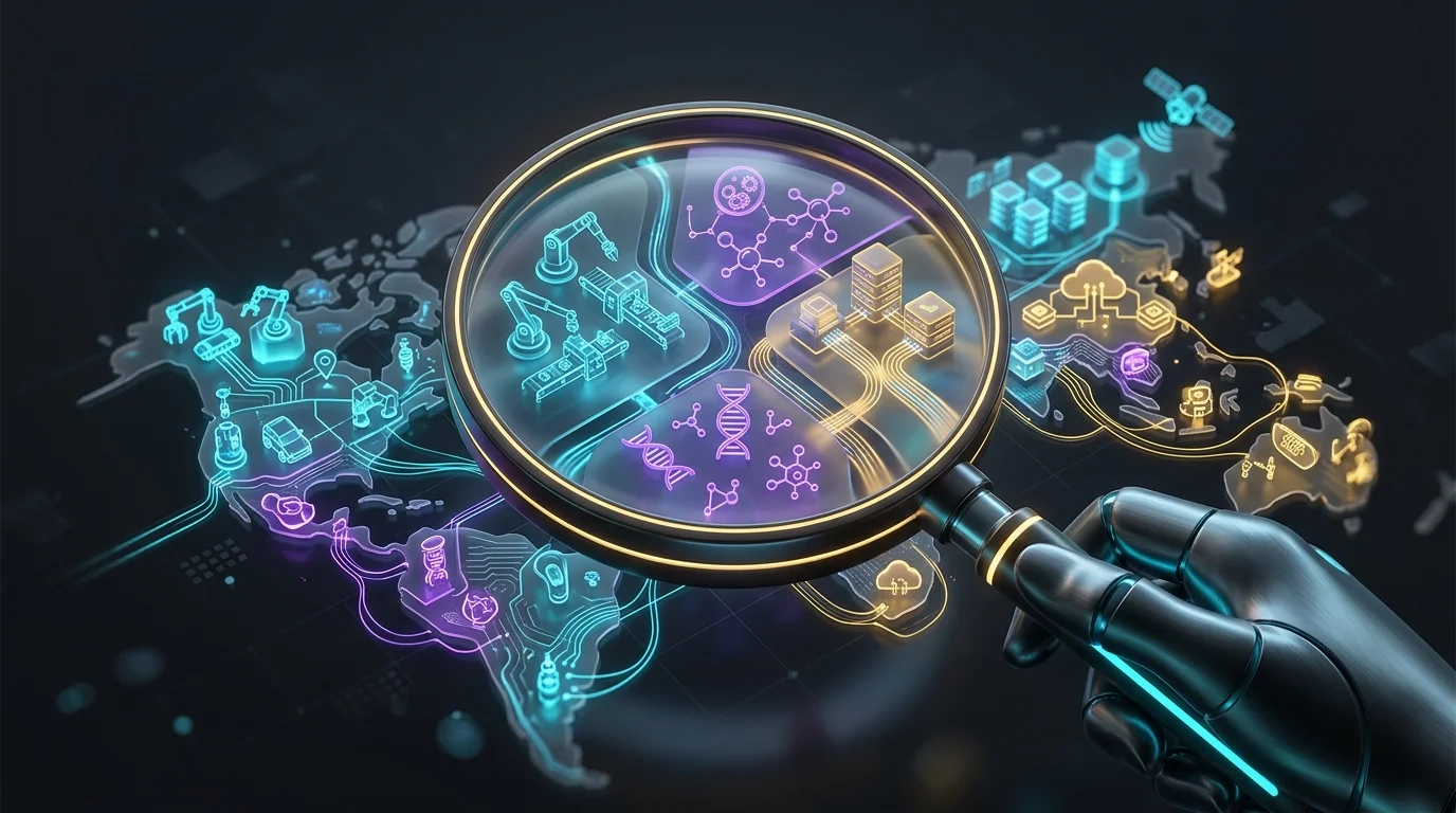 Magnifying glass over a digital map showing how AI investment impacts robotics, medicine, and cloud sectors.