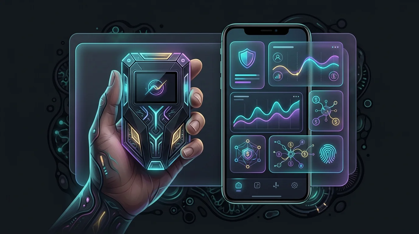 Hand holding a secure hardware wallet next to a smartphone software interface for safe NFT storage.