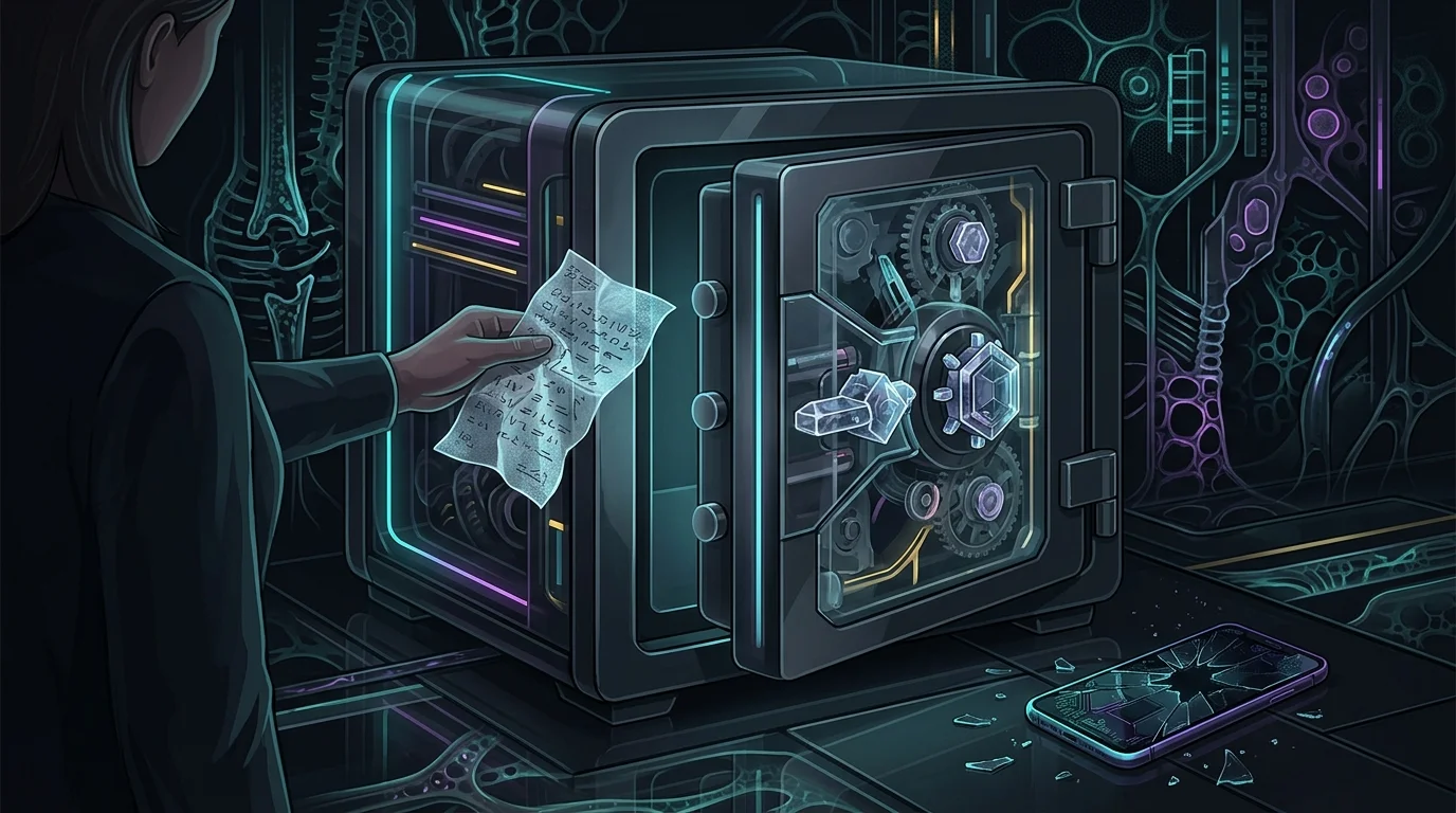 Handwritten seed phrase stored in a secure steel safe to protect NFT assets from digital theft.