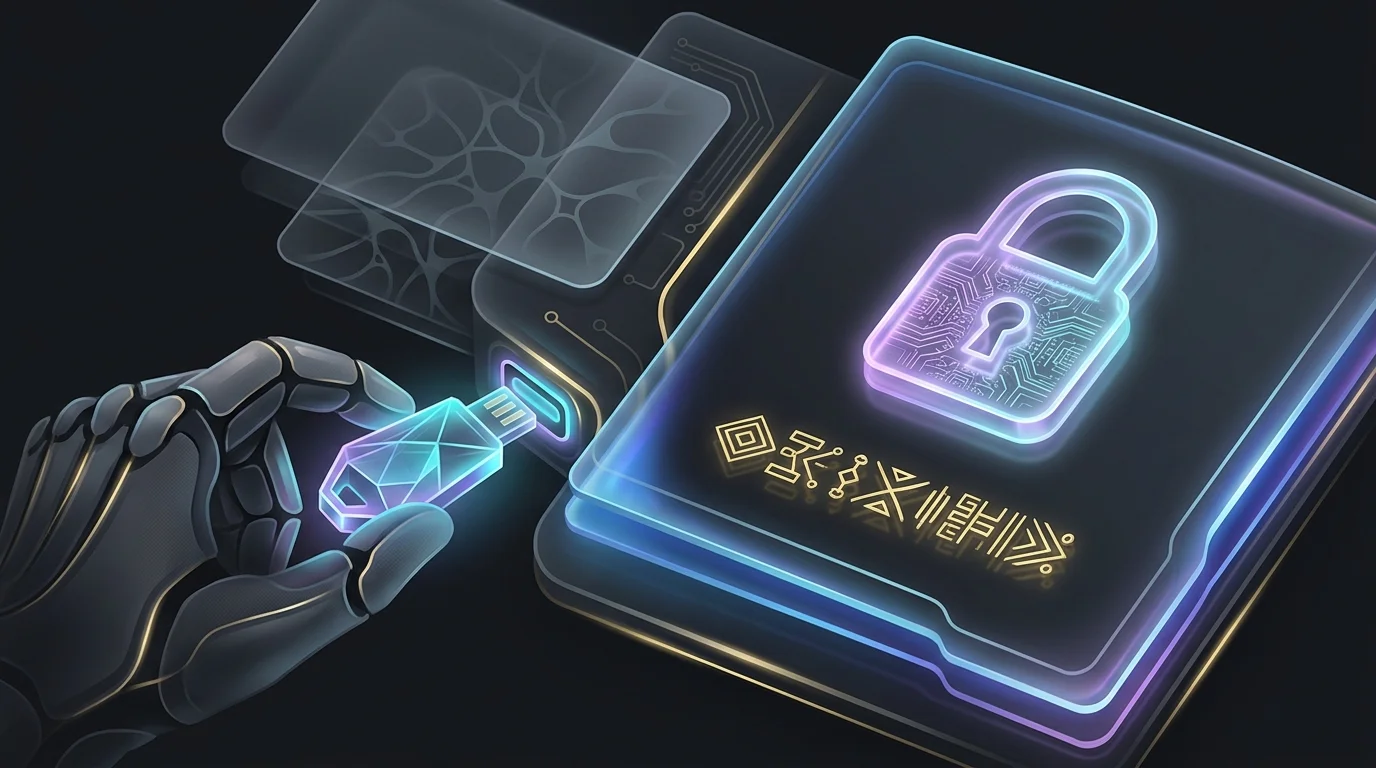 Hand inserting a hardware security key into a computer to secure an NFT transaction with a verified wallet address.