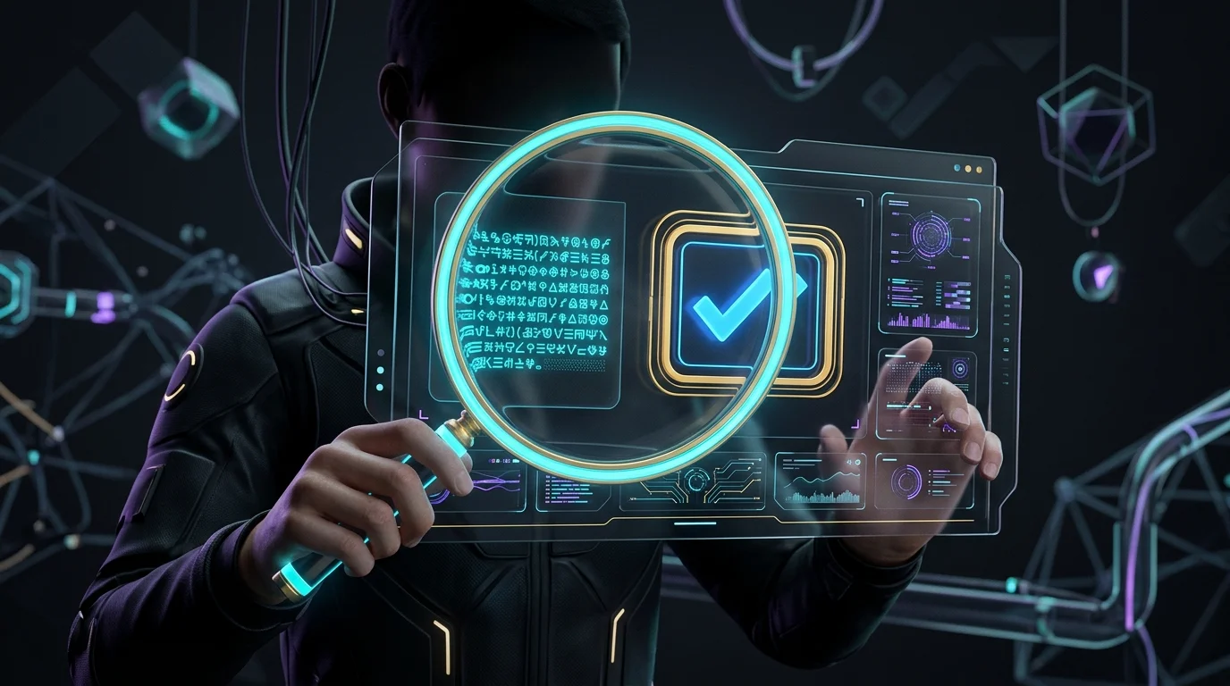 Magnifying glass inspecting a digital NFT contract address to verify authenticity against a platform blue checkmark.