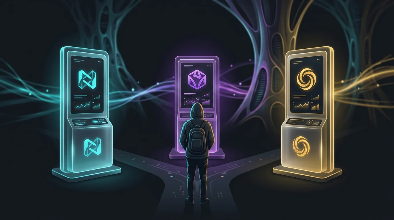 Investor at a crossroads choosing between Aave, Compound, and Maker for DeFi lending.