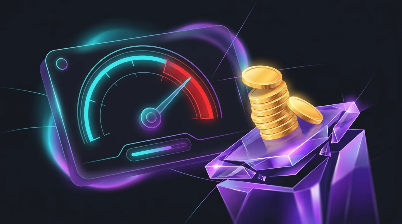 Gauge needle in the red danger zone next to gold coins on a tilting platform, illustrating DeFi lending liquidation risk.