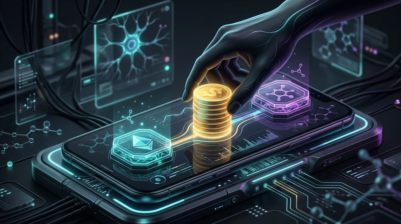 Hand moving gold coins between digital platforms on a smartphone to rebalance DeFi lending assets.