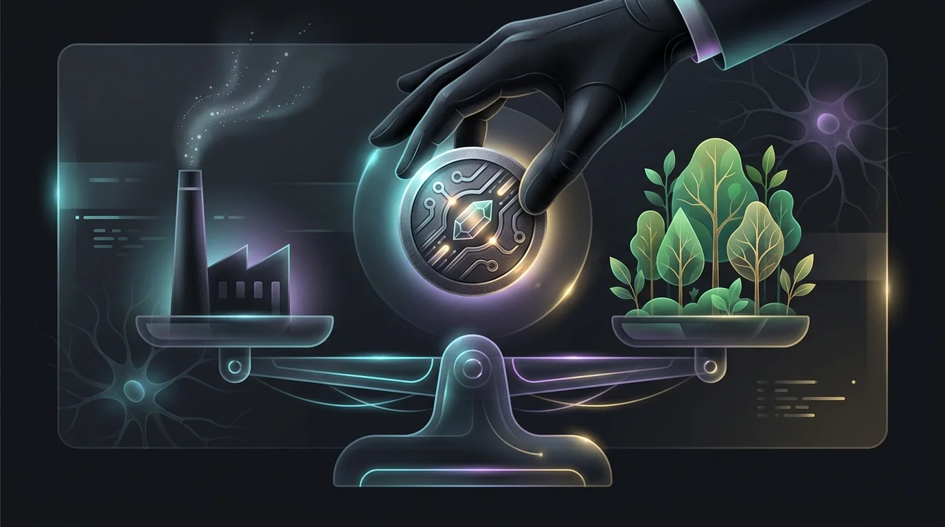 Gloved hand placing a carbon credit token on a scale balancing industrial emissions with a new forest.