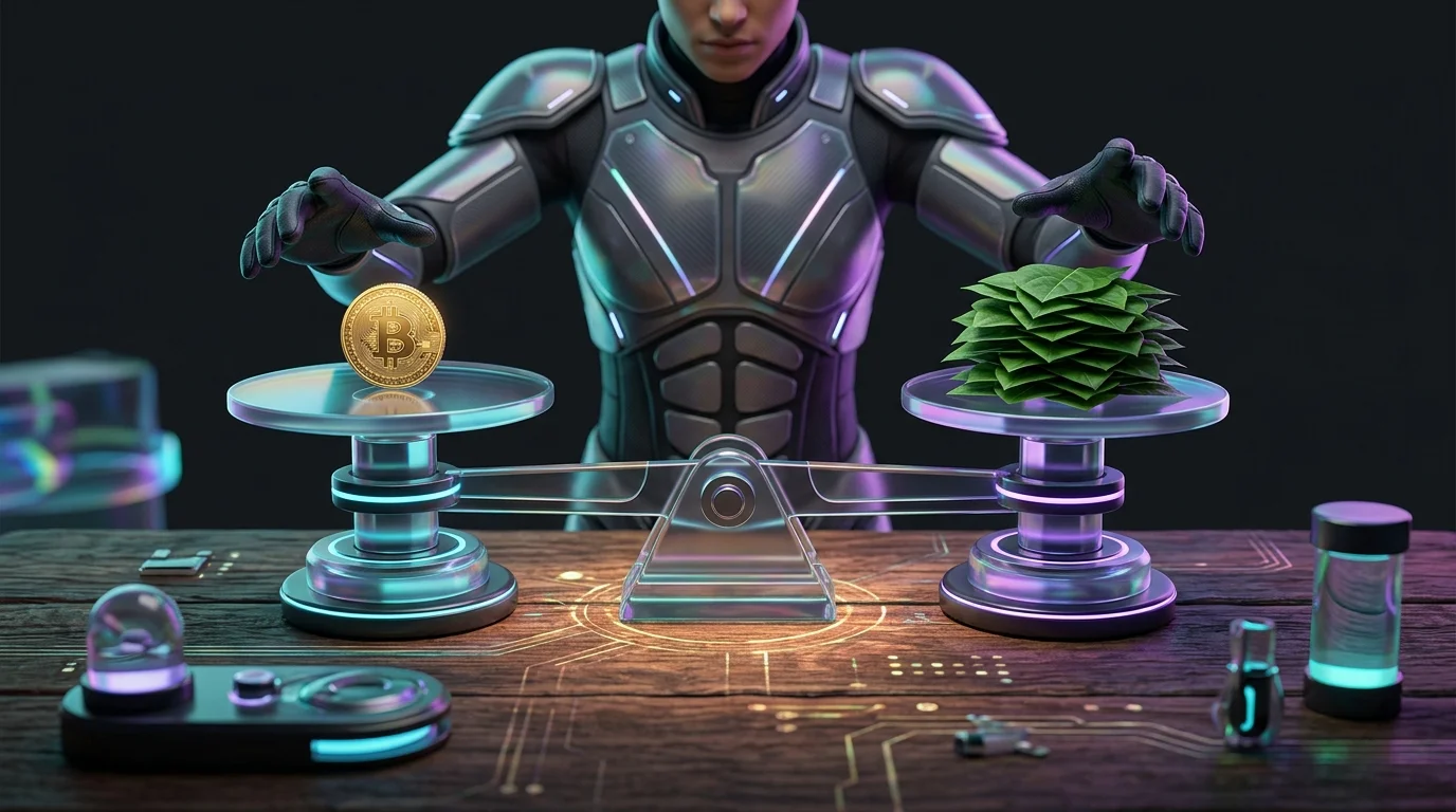 Scales balancing a gold coin and green leaves to compare ESG investment performance and risk.