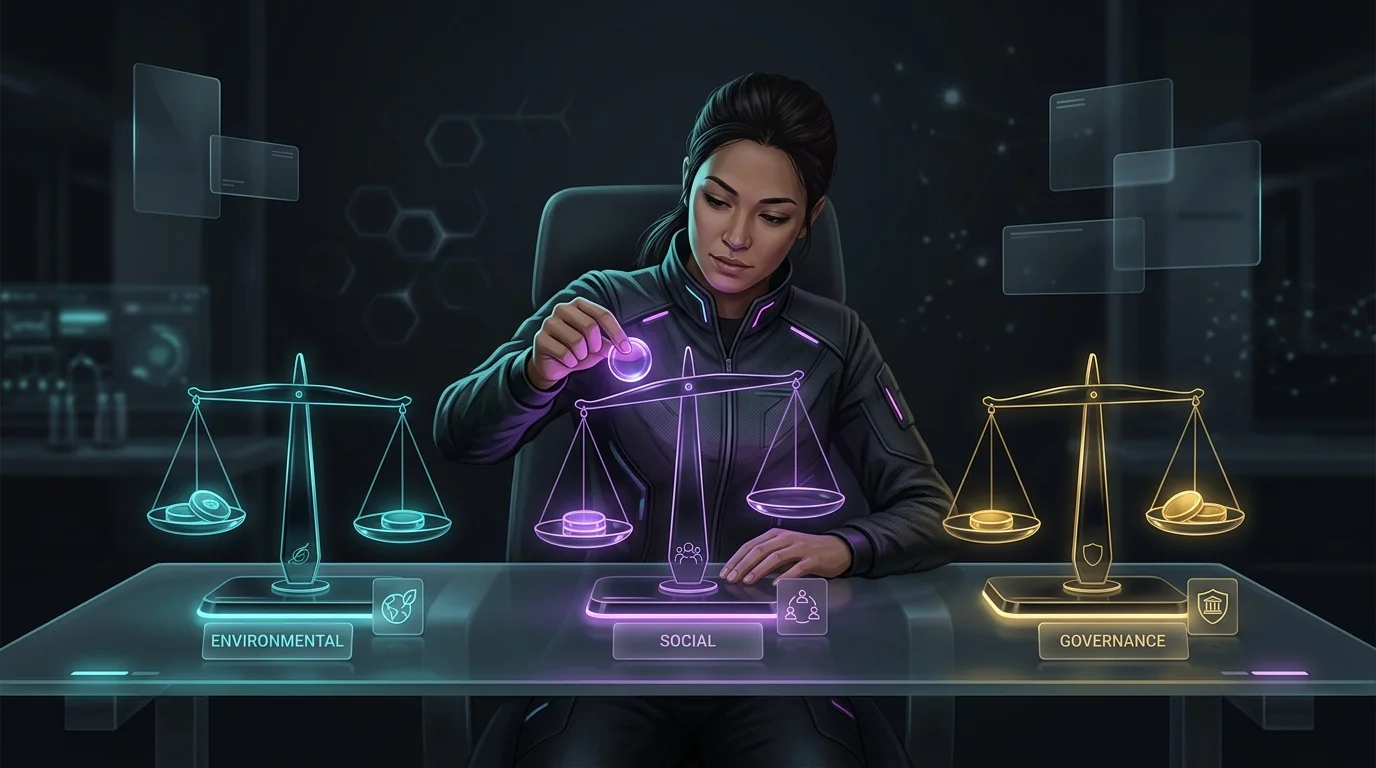 Person balancing weighted tokens on scales labeled environmental, social, and governance for ESG investment planning.