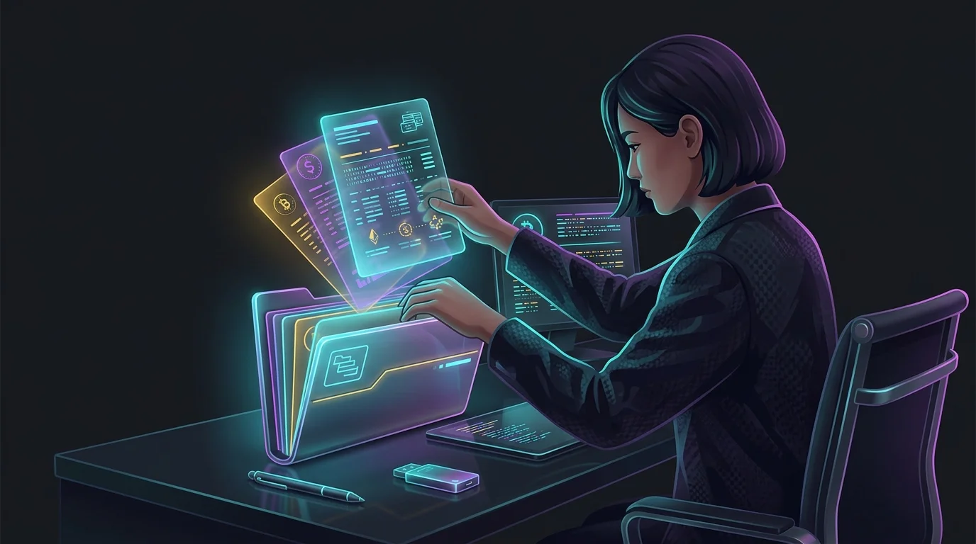 Person organizing cryptocurrency transaction receipts and blockchain logs into a professional tax folder for Web3 finance.