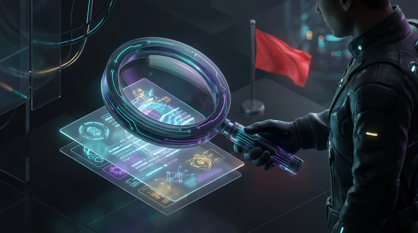 Magnifying glass examining a digital contract for Web3 finance security audits and potential red flags.