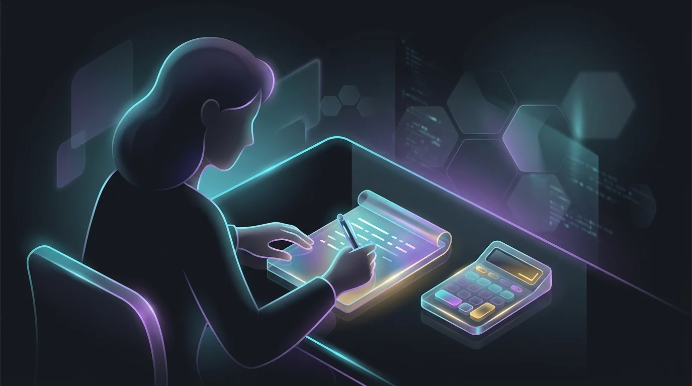 Person using a calculator and notepad to list bank account balances and monthly expenses for digital banking transition.