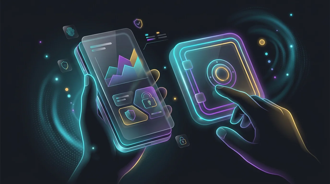 Smartphone showing interest rate comparisons and security icons for a secure digital bank account.