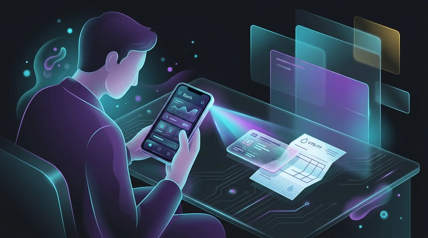 Person using a smartphone to scan ID and utility bill to open a new digital banking account.